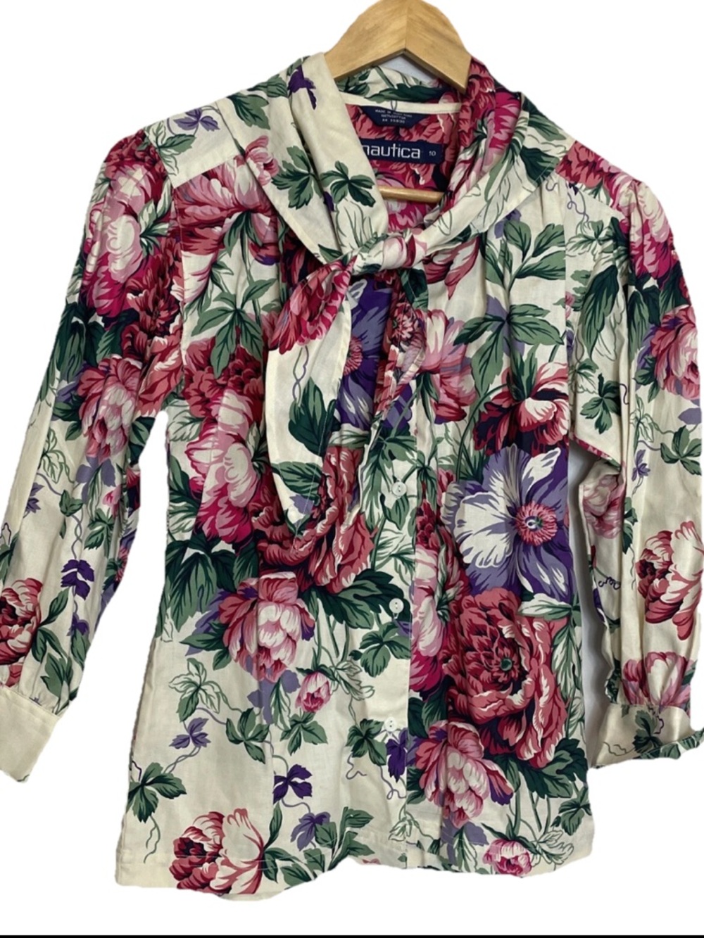 Vintage Nautica 80’s Cottage Core Floral Tie Neck Button Up Shirt